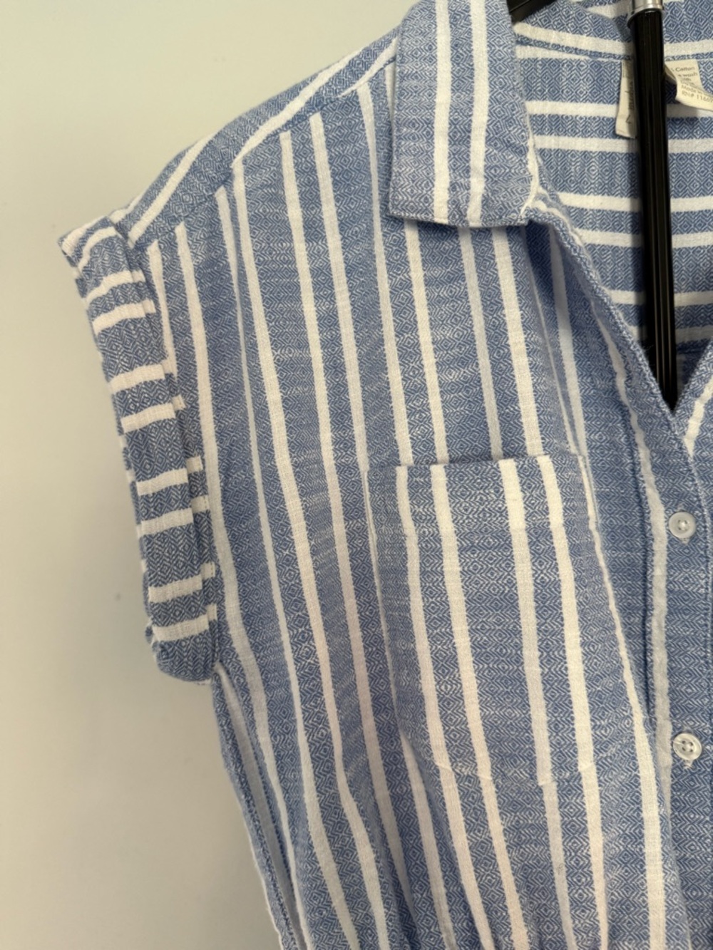 Blue White Button-up Swim Cover-up Dress 100% Cotton Collared Pockets Large Prep - Picture 5 of 13